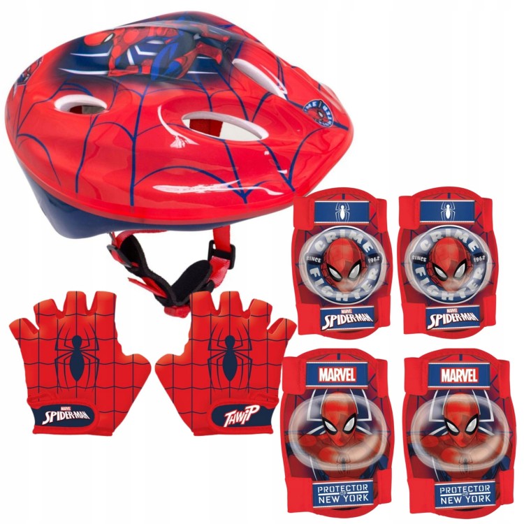 Bohaterki zestaw Spiderman, czerwony kask, ochraniacze i rękawiczki, dla chłopca 4-10 lat, 52-56cm