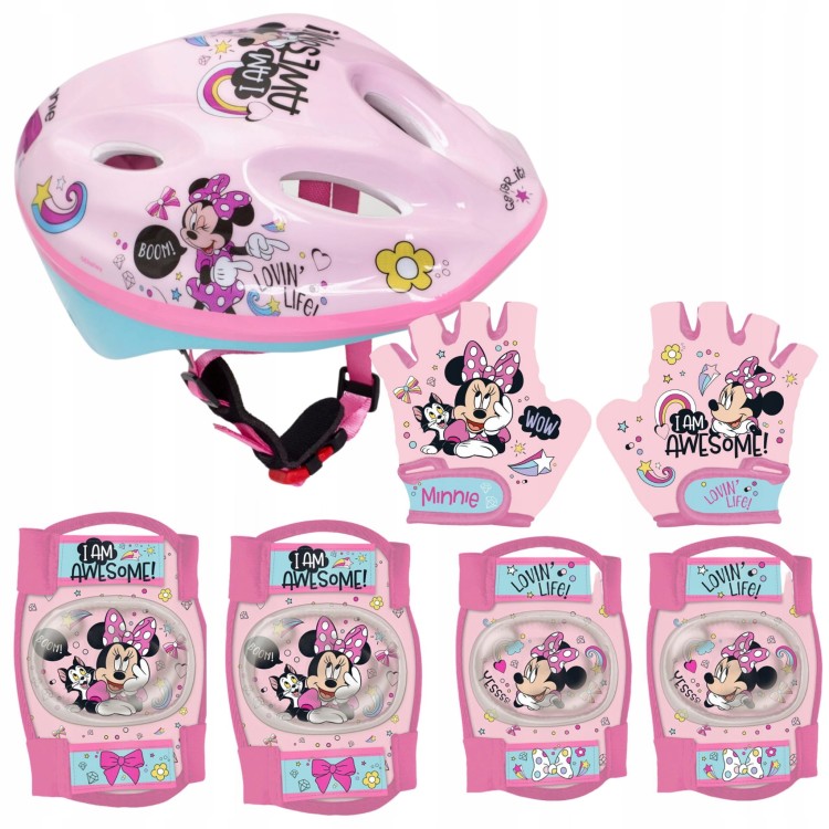 Słodki zestaw Myszka Minine – różowy kask, ochraniacze i rękawiczki, dla dziewczynki 4–10 lat (52–56 cm)