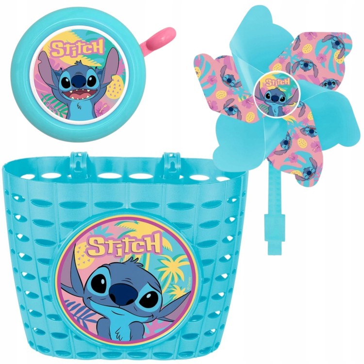 Zestaw akcesoriów rowerowych Lilo &amp; Stitch , błękitny , dla dzieci 3-8 lat: koszyk, dzwonek, wiatraczek