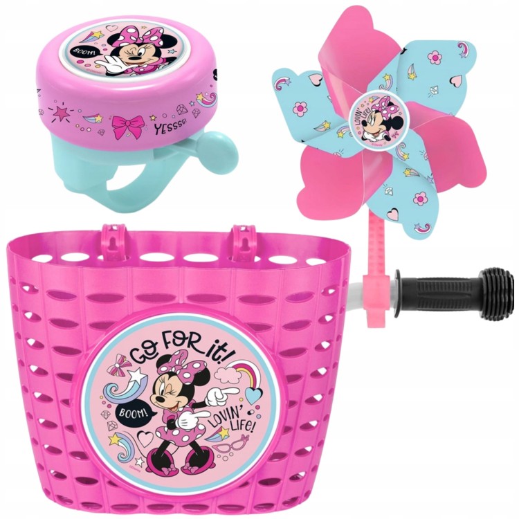 Zestaw akcesoriów rowerowych Myszka Minnie Mouse, różowy,  dla dzieci 3-8 lat: koszyk, dzwonek, wiatraczek