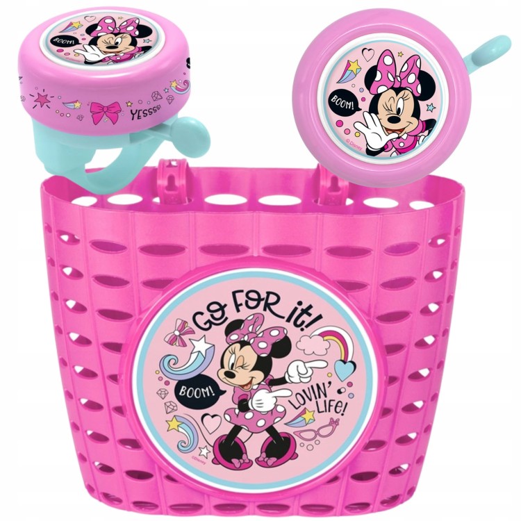 Zestaw akcesoriów rowerowych Myszka Minnie, rózowy, dla dzieci 3-8 lat: koszyk, dzwonek