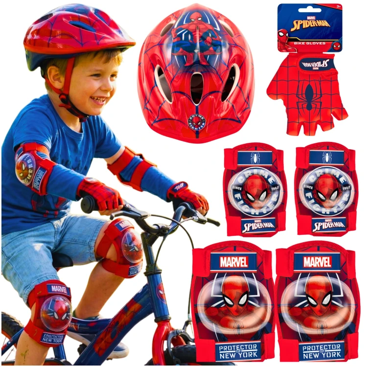 Bohaterki zestaw Spiderman, czerwony kask, ochraniacze i rękawiczki, dla chłopca 4-10 lat, 52-56cm