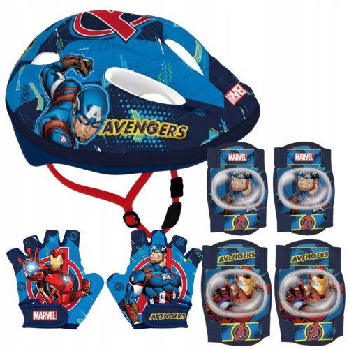 Zestaw ochronny Avengers, granatowy, dla dzieci 4-10 lat, kask 52-56 cm, ochraniacze na łokcie i kolana, rękawiczki rowerowe