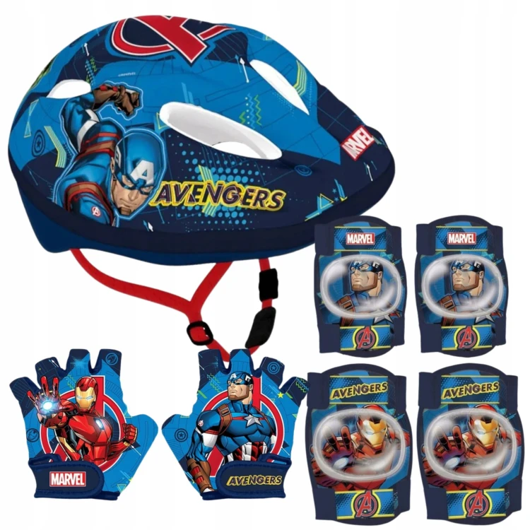 Zestaw ochronny Avengers, granatowy, dla dzieci 4-10 lat, kask 52-56 cm, ochraniacze na łokcie i kolana, rękawiczki rowerowe