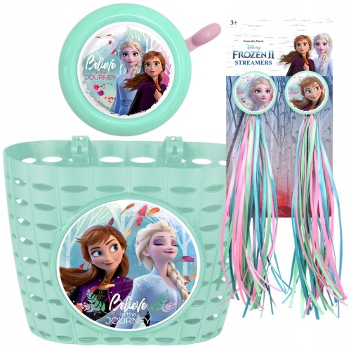 Zestaw akcesoriów rowerowych KRAINA LODÓW FROZEN ANNA &amp; ELSA, zielony, dla dzieci 3-8 lat: koszyk, dzwonek, wstążki