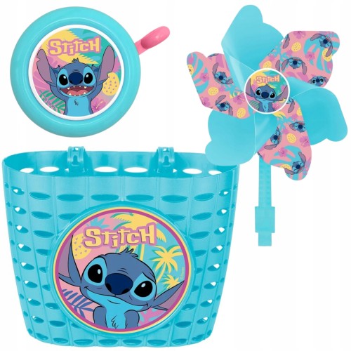 Zestaw akcesoriów rowerowych Lilo &amp; Stitch , błękitny , dla dzieci 3-8 lat: koszyk, dzwonek, wiatraczek