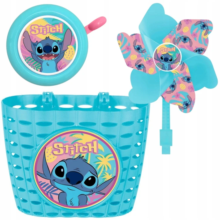 Zestaw akcesoriów rowerowych Lilo &amp; Stitch , błękitny , dla dzieci 3-8 lat: koszyk, dzwonek, wiatraczek