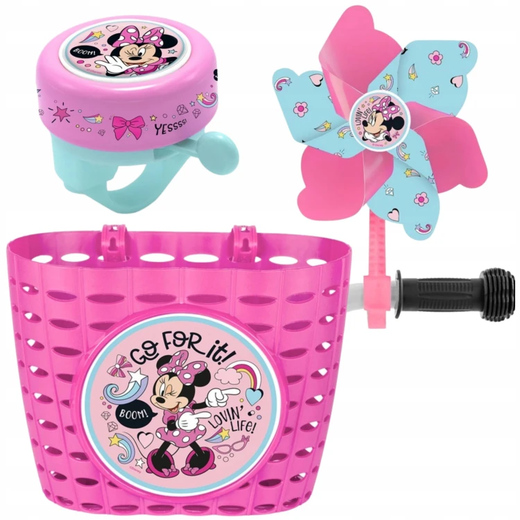 Zestaw akcesoriów rowerowych Myszka Minnie Mouse, różowy,  dla dzieci 3-8 lat: koszyk, dzwonek, wiatraczek