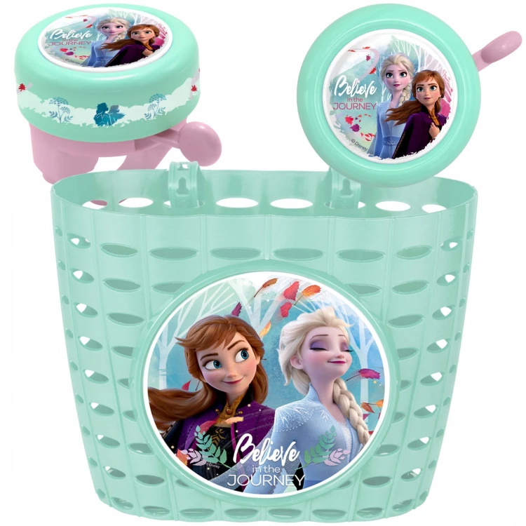 Zestaw akcesoriów rowerowych Kraina Lodu Frozen Anna &amp; Elsa, zielony, dla dzieci 3-8 lat: koszyk, dzwonek