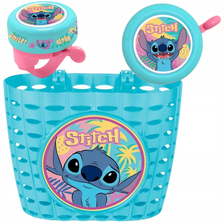 Zestaw akcesoriów rowerowych Lilo &amp; Stitch, błękitny, dla dzieci 3-8 lat: koszyk, dzwonek