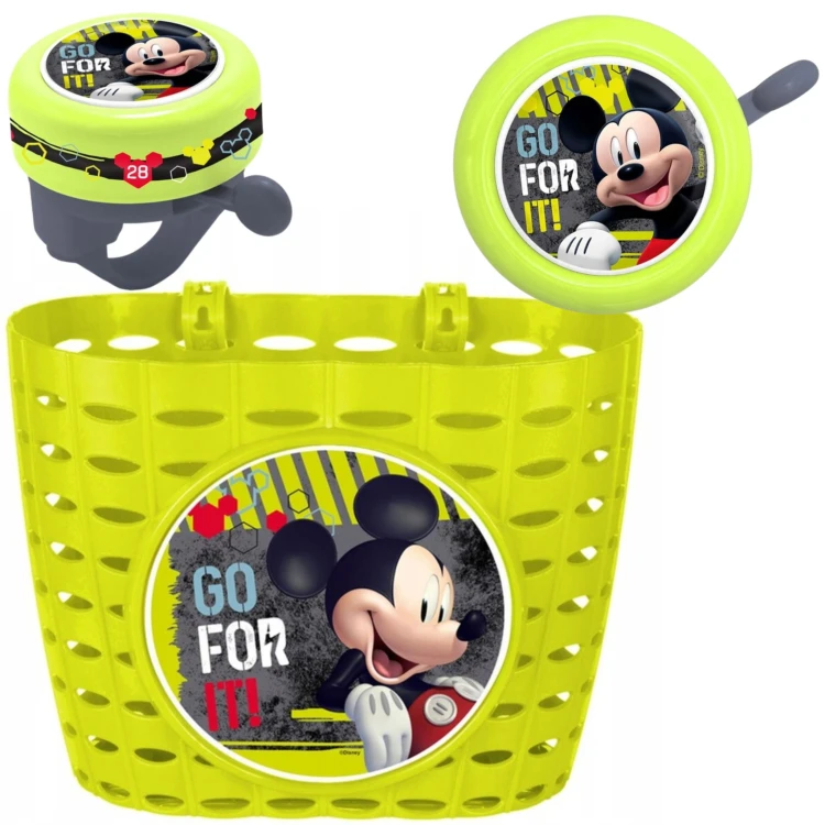 Zestaw akcesoriów rowerowych Myszka Miki Mickey Mouse, zielony, dla dzieci 3-8 lat: koszyk, dzwonek